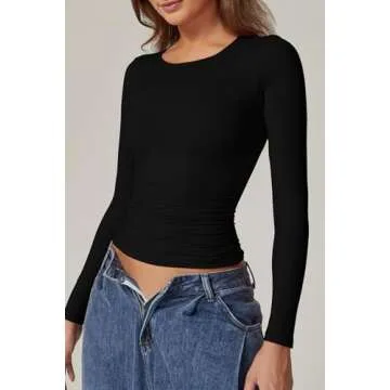 QINSEN Long Sleeve Shirts for Women Round Neck Basic Double Lined Tees Fitted Crop Tops Black M