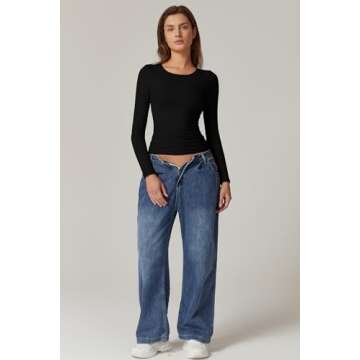 QINSEN Long Sleeve Shirts for Women Round Neck Basic Double Lined Tees Fitted Crop Tops Black M