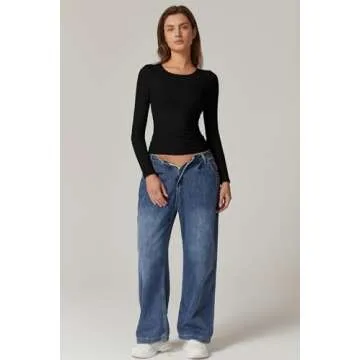 QINSEN Long Sleeve Shirts for Women Round Neck Basic Double Lined Tees Fitted Crop Tops Black M