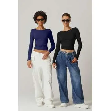 QINSEN Long Sleeve Shirts for Women Round Neck Basic Double Lined Tees Fitted Crop Tops Black M