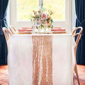 TRLYC Rose Gold Sequin Table Runners - 6 Pieces 12 by 108-Inch Shiny Rose Gold Table Runner for Wedd...