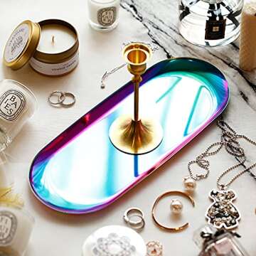 2 Pcs Metal Serving Trays, Rainbow Decorative Tray Jewelry Tray Dish Plate Tea Fruit Trays Cosmetic Organizer Storage Display Tray for Perfume Candle, Kitchen Bathroom Vanity Counter (Mix 3)
