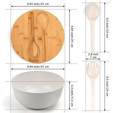 ShineMe Large Salad Bowl with Lid, Bamboo Fiber Salad Serving Bowl Set with Utensils, 9.8inches Mixing Bowl with Servers, Solid Big Bowl for Salad, Popcorn, Fruits, Vegetable, and Decoration(White)