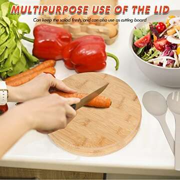 ShineMe Large Salad Bowl with Lid, Bamboo Fiber Salad Serving Bowl Set with Utensils, 9.8inches Mixing Bowl with Servers, Solid Big Bowl for Salad, Popcorn, Fruits, Vegetable, and Decoration(White)