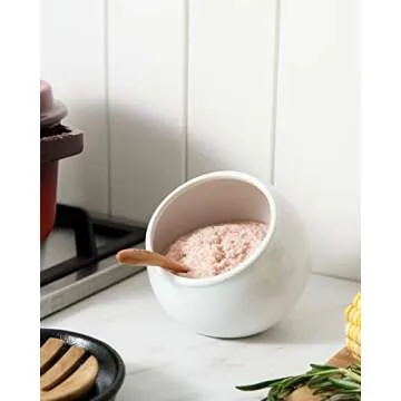 LE TAUCI Salt Pig, 12 Oz Ceramic Salt Cellar Set with Wooden Spoons, 4.8 Inch Salt Crock, Fit a Large hand, Wide-Mouth Salt Box, Salt and Pepper Shaker, Set of 2, White
