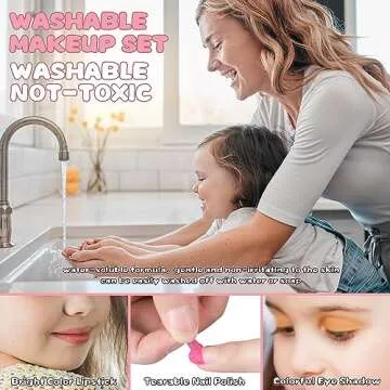 54 Pcs Kids Makeup Kit for Girls, Princess Real Washable Pretend Play Cosmetic Set Toys with Mirror, Non-Toxic & Safe, Birthday Gifts for 3 4 5 6 7 8 9 10+Years Old Girls Kids (Pink White)