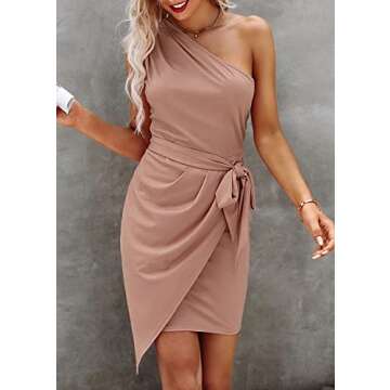 PRETTYGARDEN Women's Fashion One Shoulder Ruched Bodycon Fitted Cocktail Party Mini Dress (Nude Pink...