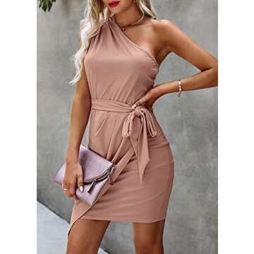 PRETTYGARDEN Women's Fashion One Shoulder Ruched Bodycon Fitted Cocktail Party Mini Dress (Nude Pink,Medium)