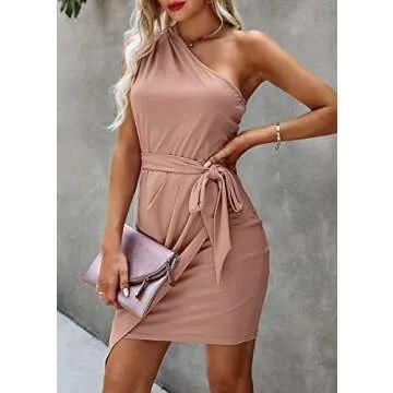 PRETTYGARDEN Women's Fashion One Shoulder Ruched Bodycon Fitted Cocktail Party Mini Dress (Nude Pink,Medium)
