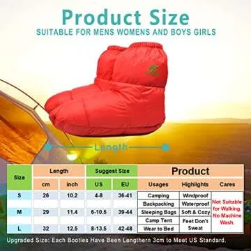 RANDDER Down Booties Warm Socks for Men & Women - Ultralight Sleeping Sock for Camp, Backpacking - Soft & Cozy Camping Sleeping Bag Tent Down Slippers Foot Warmer(Red/Large)