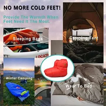 RANDDER Down Booties Warm Socks for Men & Women - Ultralight Sleeping Sock for Camp, Backpacking - Soft & Cozy Camping Sleeping Bag Tent Down Slippers Foot Warmer(Red/Large)
