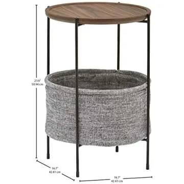 Amazon Brand – Rivet Meeks Round Side Table with Fabric Storage Basket, 24"H, Walnut and Grey