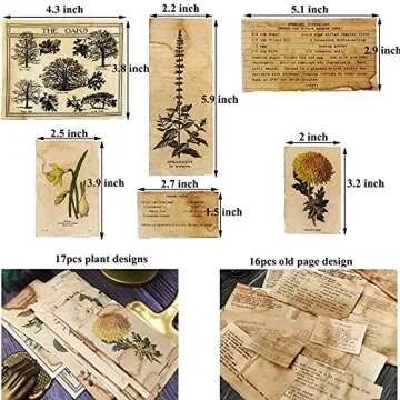 Vilikya DIY Scrapbooking Supplies, Handmade Coffee Dyed Paper for Junk Journal Ephemera, 33Pcs Vintage Decoration Label for Craft Paper, Flora Plants and Ticket for TN Journaling Embellishments Kit