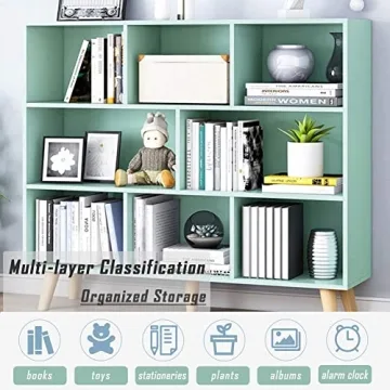 Nordic Minimalist Wooden Bookcase Tiffany-Green Display Shelf
