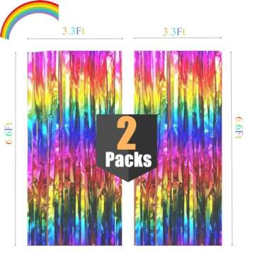 2 Packs Rainbow Party Decorations, Rainbow Foil Fringe Curtain Neon Backdrop Metallic Tinsel Photo Booth Props for Birthday Gay Pride Day Bachelorette Engagement Baby Shower Unicorn Disco Party Decor