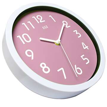 hito 10” Silent Wall Clock Battery Operated Kids Wall Clock Non ticking Sweep Movement Glass Cover Colorful Frame, for Kitchen, Bedroom, Home Office, Living Room Decor (Pink)