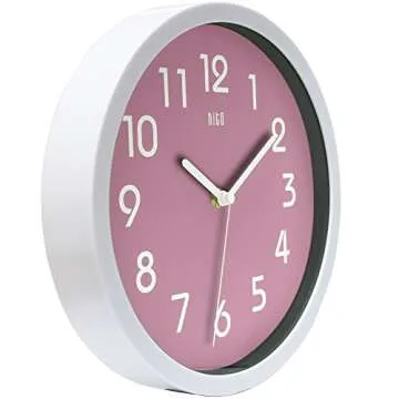 hito 10” Silent Wall Clock Battery Operated Kids Wall Clock Non ticking Sweep Movement Glass Cover Colorful Frame, for Kitchen, Bedroom, Home Office, Living Room Decor (Pink)
