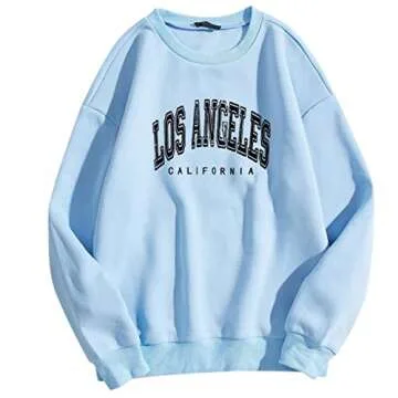 Los Angeles California - Women Teen Girls Crewneck Sweatshirt Pullover Casual Solid Color Long Sleeve Tops for Fall Tee T Shirts Plain Pure Round O Crew Neck Vintage Winter Fashion Loose Baggy Blue
