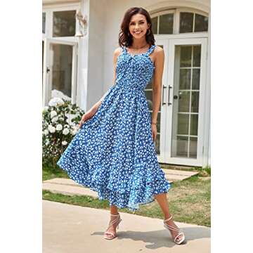 Women's Spring Floral Dresses Summer Boho Ruched Sundress Long Maxi Beach Vacation Photography Dresses Blue S