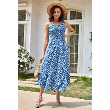 Women's Spring Floral Dresses Summer Boho Ruched Sundress Long Maxi Beach Vacation Photography Dresses Blue S