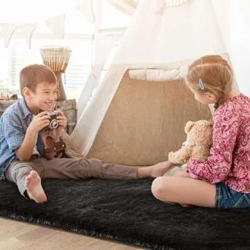 Luxury Fluffy Rug for Living Room, 5x7 Soft Thick Large Area Rug for Bedroom, Shaggy Throw Plush Fuzzy Rug for Dorm, Anti-Skid Indoor Carpet Nursery Rugs for Kids Room Home Decor, Black