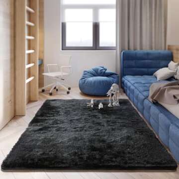 Luxury Fluffy Rug for Living Room, 5x7 Soft Thick Large Area Rug for Bedroom, Shaggy Throw Plush Fuzzy Rug for Dorm, Anti-Skid Indoor Carpet Nursery Rugs for Kids Room Home Decor, Black