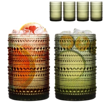 WeirdUncle Set of 4 Hobnail Drinking Glasses,15 oz Cornflower Green, Vintage Drinking Glasses,Emboss...