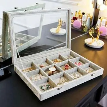 STYLIFING Jewelry Organizer Tray with Clear Lid – 12 Grids Velvet Jewelry Display Case Gifts for W...