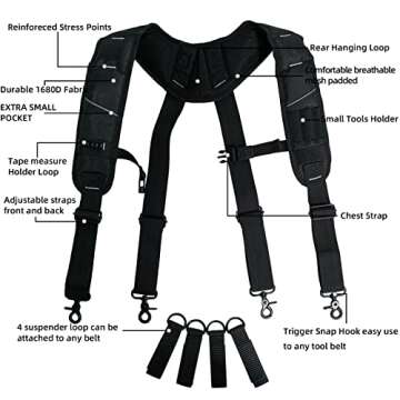 KUNN Tool Belt Suspenders Padded Carpenter Construction Electrician Work Suspender with Attachment L...
