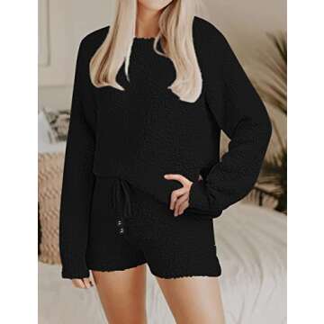 YORGOS Women's Fuzzy Fleece Solid Loungewear Sets 2 Piece Soft Pajamas Sweater Top Shorts Set Outfits, SolidBlack, Small