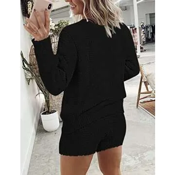 YORGOS Women's Fuzzy Fleece Solid Loungewear Sets 2 Piece Soft Pajamas Sweater Top Shorts Set Outfits, SolidBlack, Small