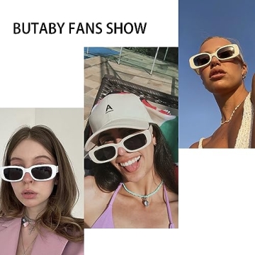 BUTABY Rectangle Sunglasses for Women Retro Driving Glasses 90’s Vintage Fashion Narrow Square Frame UV400 Protection Black & White