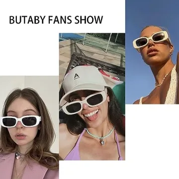 BUTABY Rectangle Sunglasses for Women Retro Driving Glasses 90’s Vintage Fashion Narrow Square Frame UV400 Protection Black & White