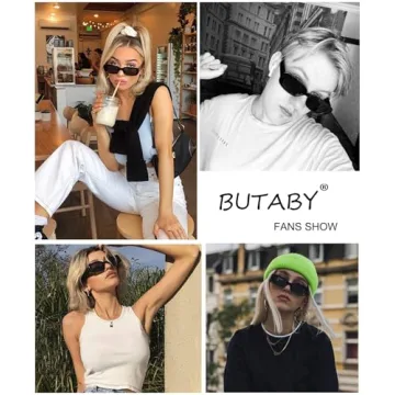 BUTABY Rectangle Sunglasses for Women Retro Driving Glasses 90’s Vintage Fashion Narrow Square Frame UV400 Protection Black & White