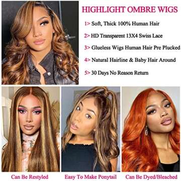 Highlight Ombre Lace Front Wigs Human Hair Pre Plucked with Baby Hair 13x4 Body Wave Frontal Wigs Human Hair 180% Density P4/27 Colored Honey Blonde Human Hair Wig for Women 24 Inch
