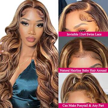 Highlight Ombre Lace Front Wigs Human Hair Pre Plucked with Baby Hair 13x4 Body Wave Frontal Wigs Human Hair 180% Density P4/27 Colored Honey Blonde Human Hair Wig for Women 24 Inch