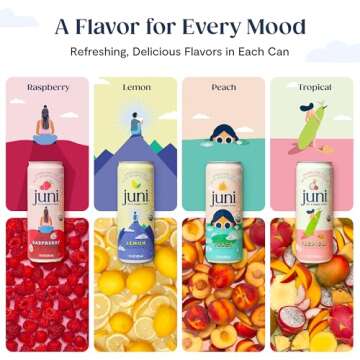 Juni Sparkling Tea with Adaptogens, Zero Sugar, 5 Calories, Organic Adaptogen Drink with Natural Caffeine from Green Tea, Vegan, Peach, 12 Fl Oz Cans (12-Pack)