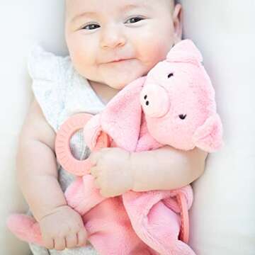 Bella Tunno Teether Buddy – Soft, Plush Baby Lovey with Textured Baby Teether Toy and Gentle Rattling Head, Comforts and Brings Teething Relief, Colorful Animal-Themed Baby Teething Toys (Pig)