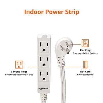 Amazon Basics Rectangular Indoor Extension Cord Power Strip - 6-Foot, 3-Prong ,Flat Plug, Grounded - 13 Amps, 1625 Watts, 125 VAC - 2-Pack, White