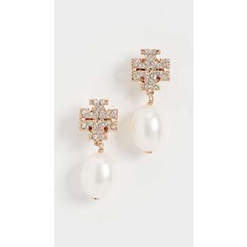 Tory Burch Women's Kira Pave Pearl Drop Earrings, Tory Gold/Pearl, One Size
