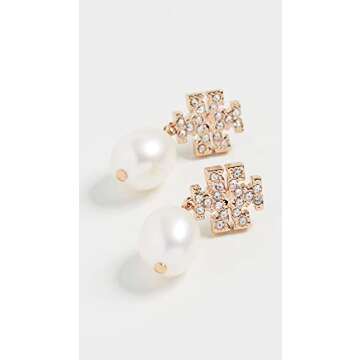 Tory Burch Women's Kira Pave Pearl Drop Earrings, Tory Gold/Pearl, One Size