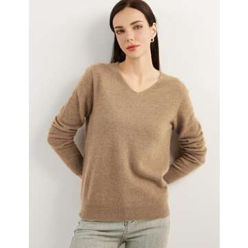 Chanyarn 100% Pure Cashmere Women's Sweater V-Neck Long Sleeve 2024 Fall Winter Warm Soft Knit Pullover (Tan,M)
