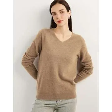 Chanyarn 100% Pure Cashmere Women's Sweater V-Neck Long Sleeve 2024 Fall Winter Warm Soft Knit Pullover (Tan,M)