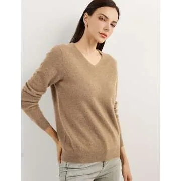 Chanyarn 100% Pure Cashmere Women's Sweater V-Neck Long Sleeve 2024 Fall Winter Warm Soft Knit Pullover (Tan,M)