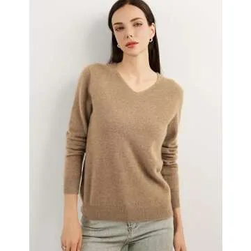 Chanyarn 100% Pure Cashmere Women's Sweater V-Neck Long Sleeve 2024 Fall Winter Warm Soft Knit Pullover (Tan,M)
