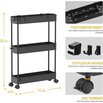 Slim 3 Tier Rolling Storage Cart for Home Use