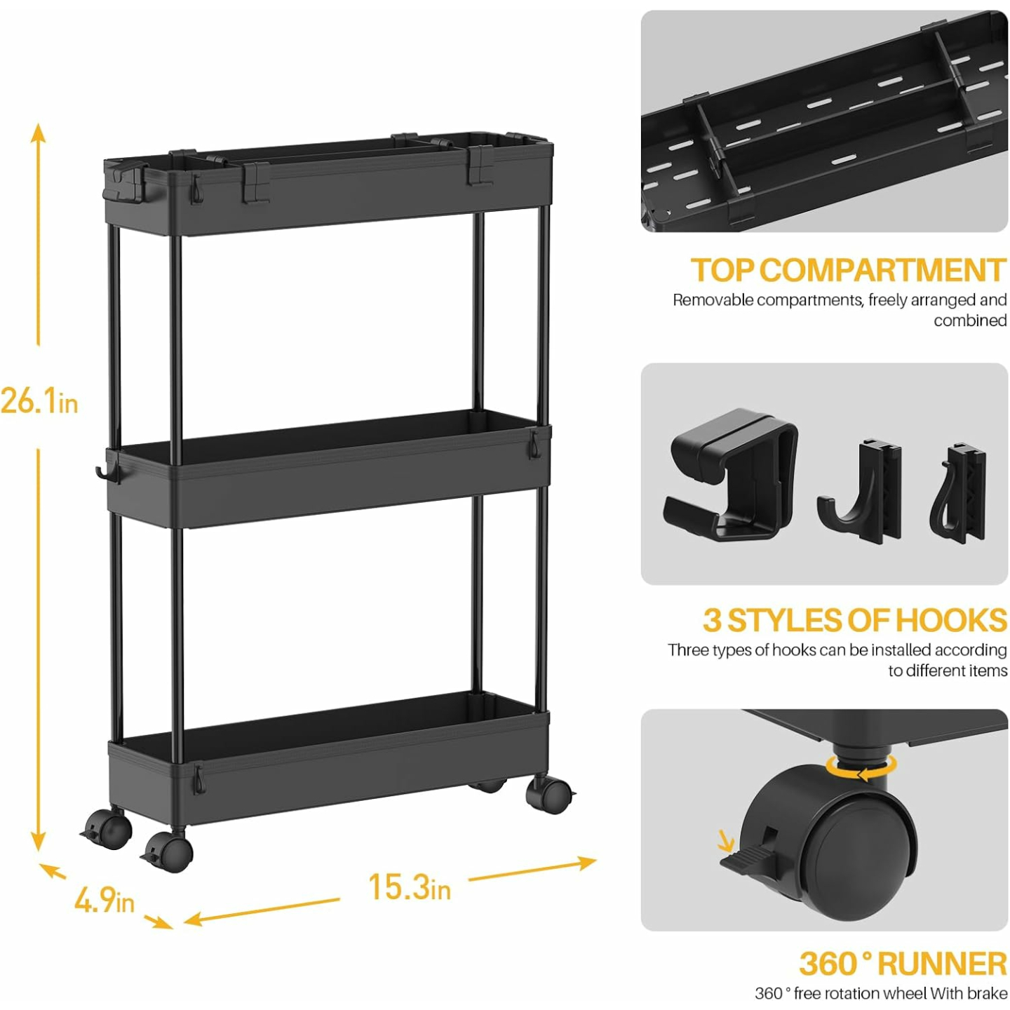 Slim 3 Tier Rolling Storage Cart for Home Use