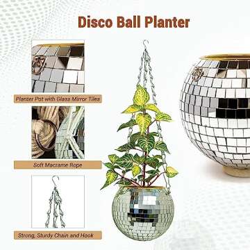 World of Nature Hanging Disco Ball Planter - Disco Planter with Chain & Macramé Rope, Disco Ball Plant Hanger & Hanging Planter for Outdoor Plants - Silver 6 Inch