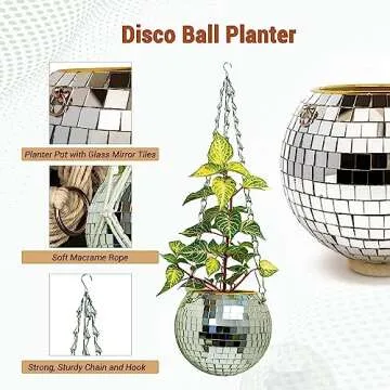 World of Nature Hanging Disco Ball Planter - Disco Planter with Chain & Macramé Rope, Disco Ball Plant Hanger & Hanging Planter for Outdoor Plants - Silver 6 Inch