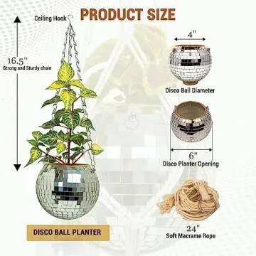 World of Nature Hanging Disco Ball Planter - Disco Planter with Chain & Macramé Rope, Disco Ball Plant Hanger & Hanging Planter for Outdoor Plants - Silver 6 Inch
